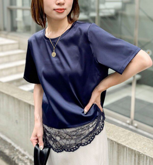 NOLLEY'S「ウォッシャブル裾レースオトナサテンＴシャツ」|シャツ・ブラウス|ネイビー