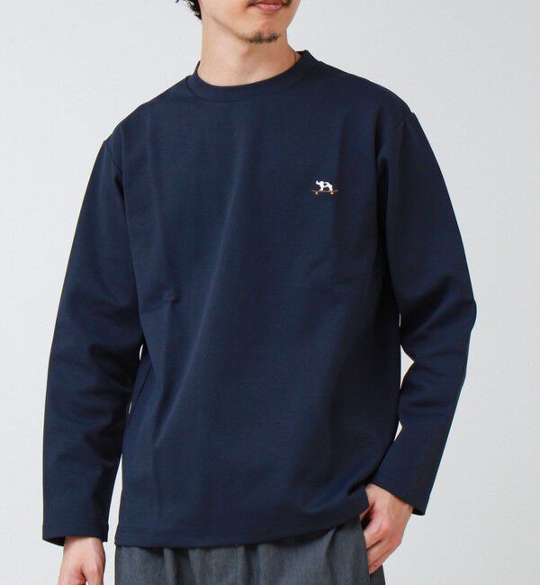 GLOSTER「【フレブル刺繍】フレンチブルドッグ刺繍 杢ダンボールロンT」|Tシャツ・カットソー|ネイビー