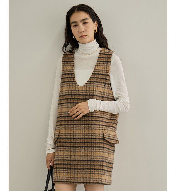 SALON adam et rope'「MILIORアルパカシャギーチェックミニワンピース / セットアップ対応」|ワンピース|キャメル(25)