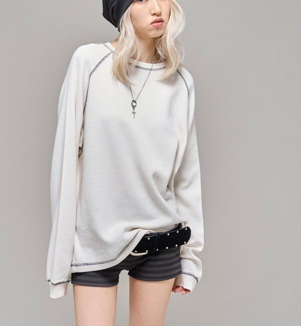  「【Sourcream】ワッフルラグラン配色ステッチL/STEE」|Tシャツ・カットソー|アイボリー