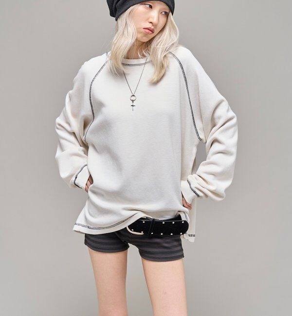  「【Sourcream】ワッフルラグラン配色ステッチL/STEE」|Tシャツ・カットソー|
