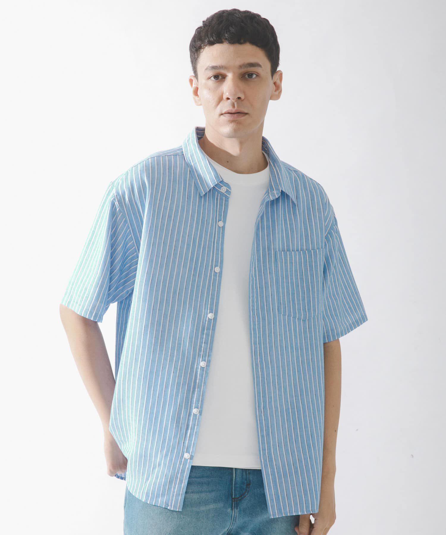 Sonny Label 「接触冷感リネン混ショートスリーブシャツ」|シャツ・ブラウス|ブルー系その他