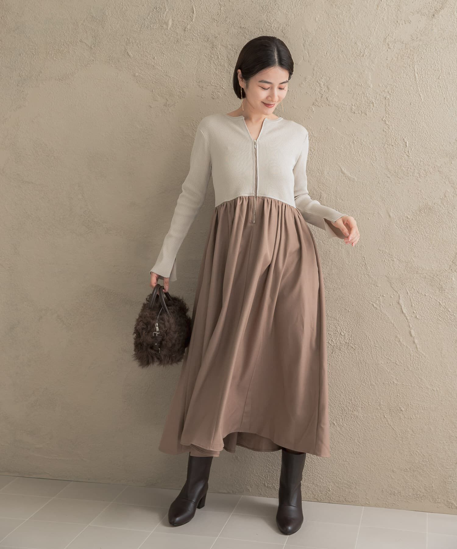 URBAN RESEARCH ROSSO「『WEB限定』キーネックドッキングワンピース」|ワンピース|モカ