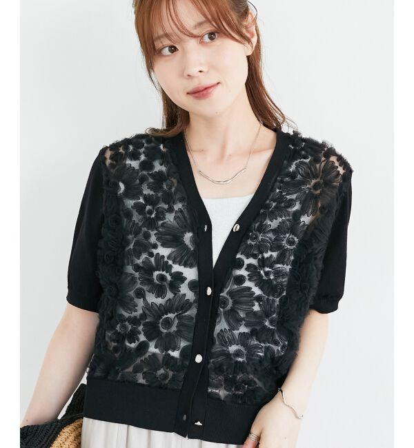  「チュール刺繍ハーフスリーブカーディガン」|カーディガン|