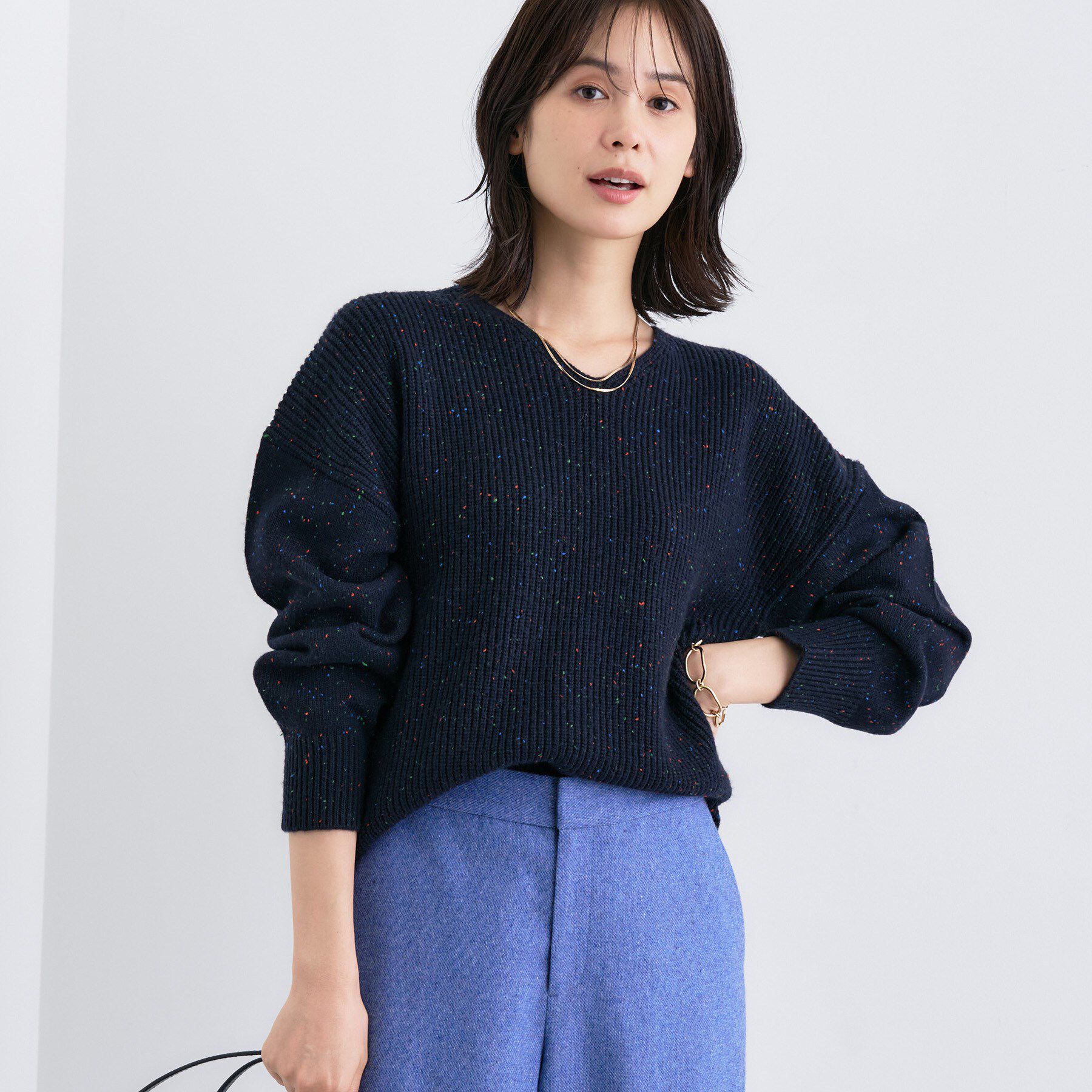 INDIVI「【洗える】カラーネップ スリットニット」|ニット・セーター|ネイビー(494)