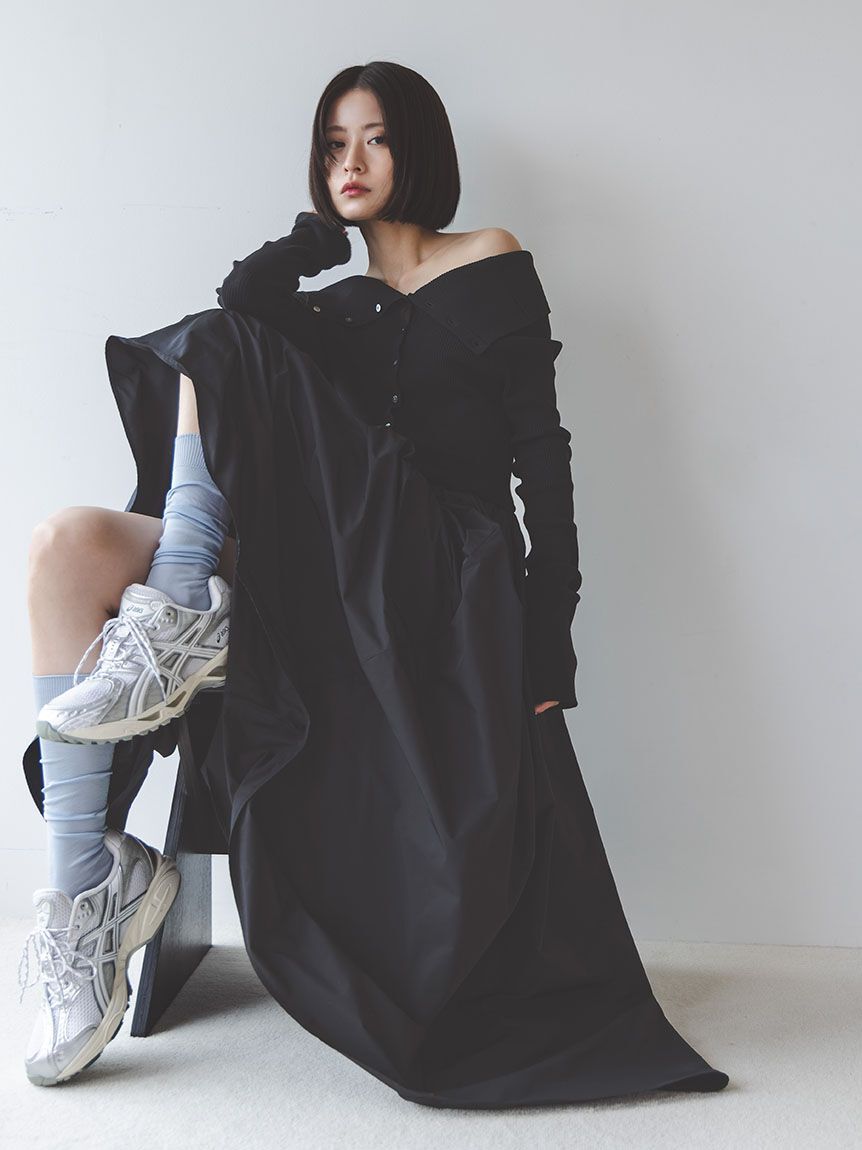 emmi atelier「オフショルカラーニットドッキングワンピース」|ワンピース|