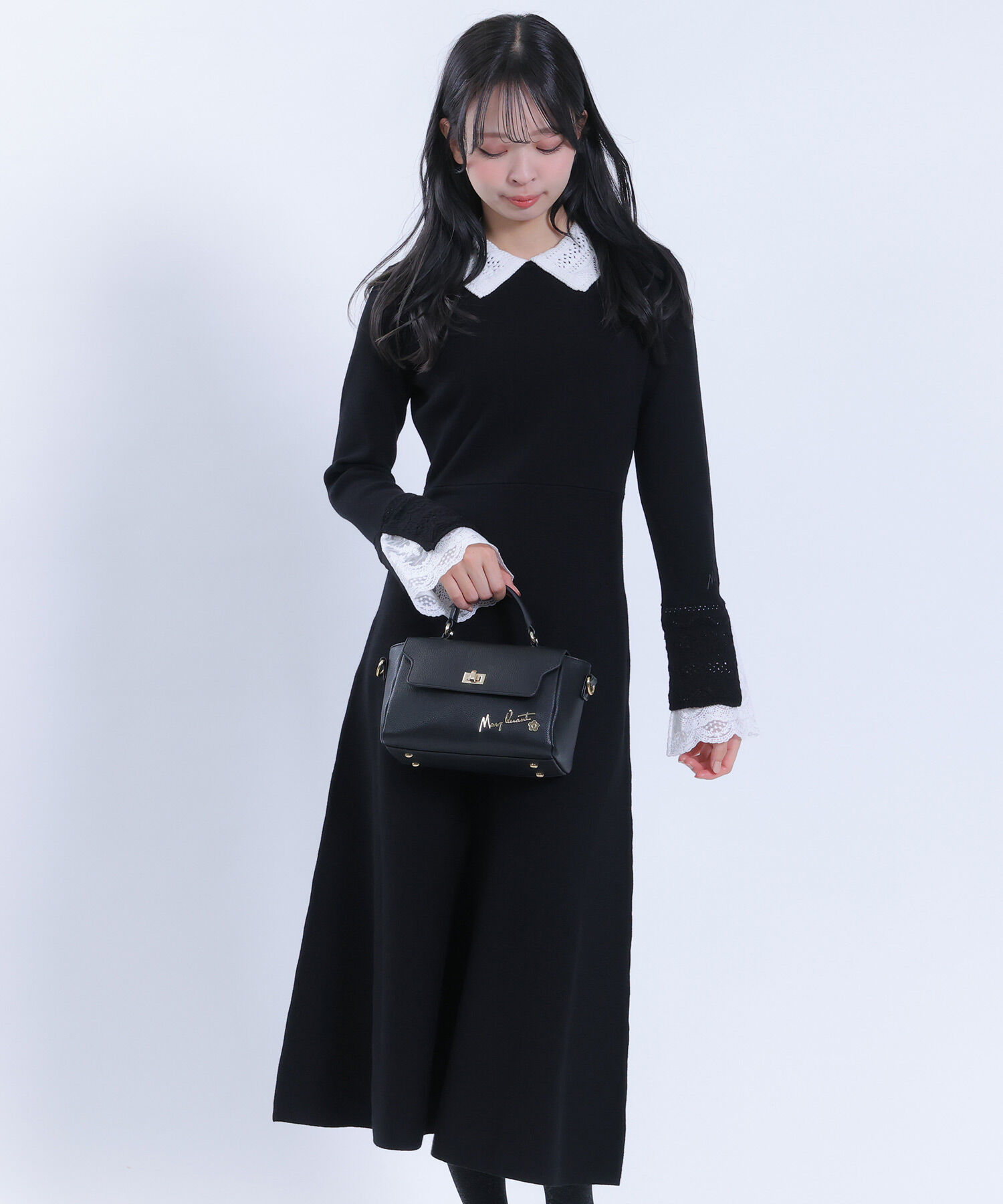 MARY QUANT「クロッシェカラーニットロング ワンピース」|ワンピース|ブラック