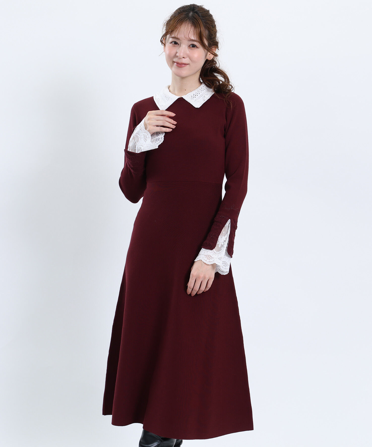 MARY QUANT「クロッシェカラーニットロング ワンピース」|ワンピース|ボルドー