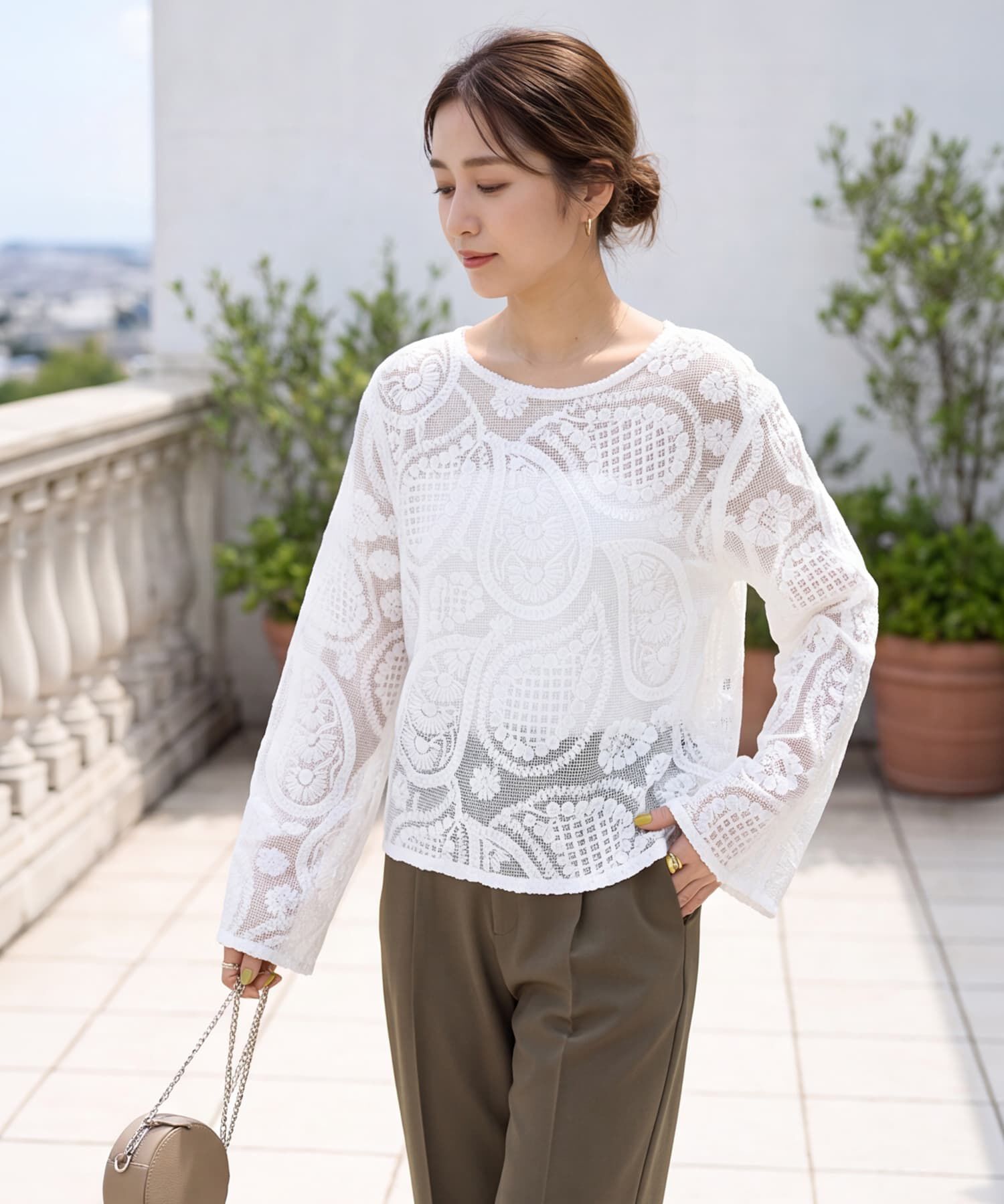 STYLE DELI「ペイズリー刺繍メッシュ編みトップス」|その他|ホワイト