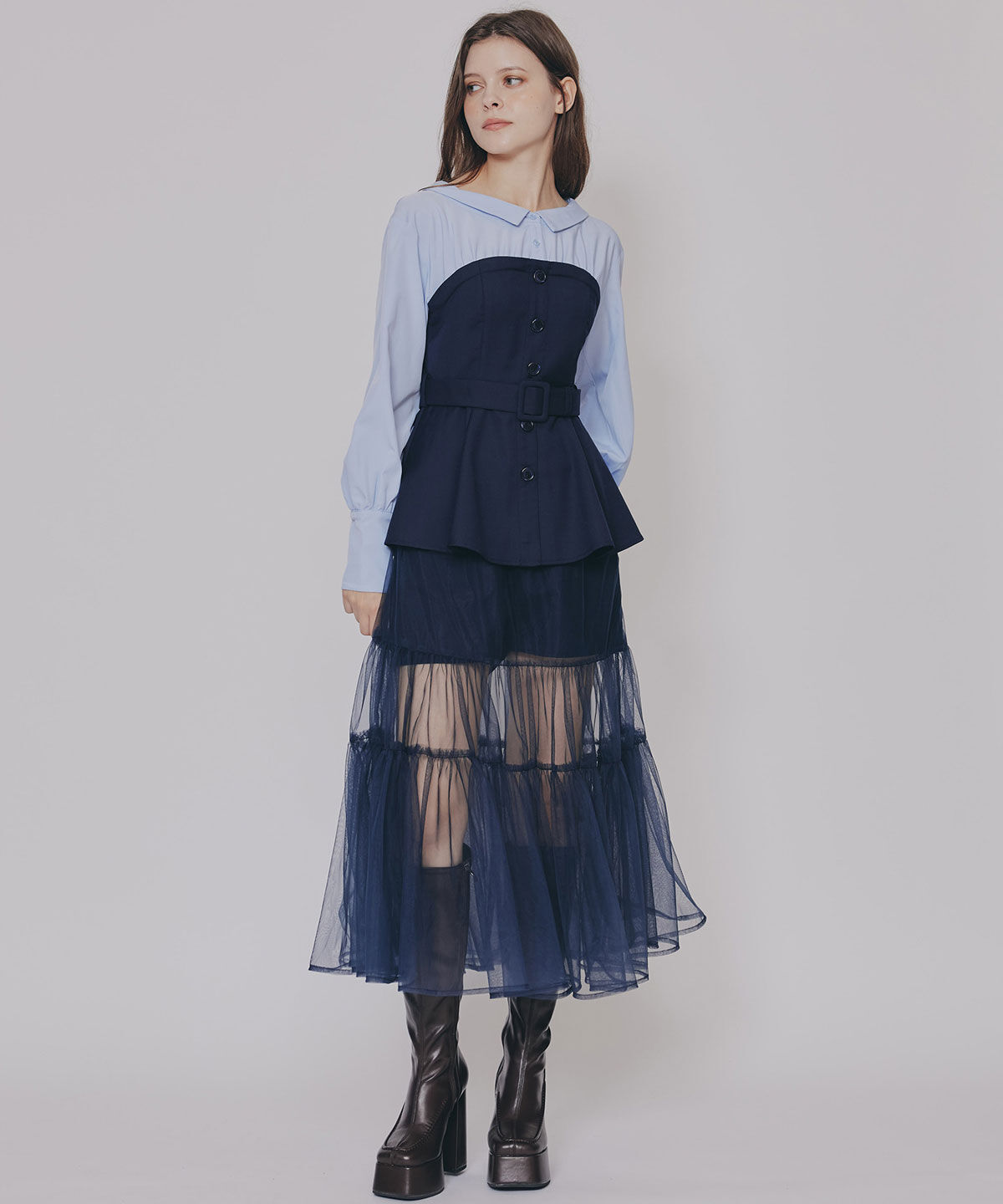 REDYAZEL「シャツドッキングチュールワンピース&ショートパンツセットアップ」|ワンピース|