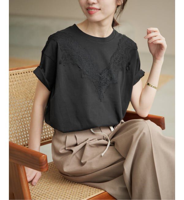 SLOBE IENA「アイラッシュレースTシャツ」|Tシャツ・カットソー|ブラック