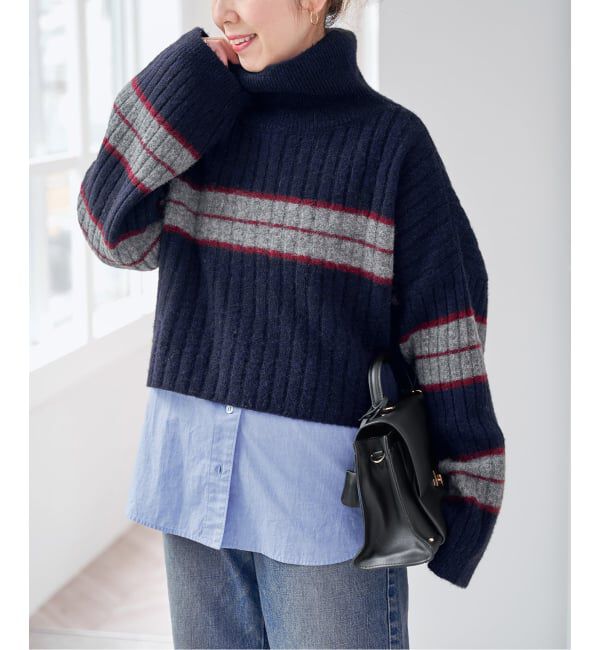 Spick and Span「《予約》マルチボーダーハイネックプルオーバー」|ニット・セーター|ネイビー
