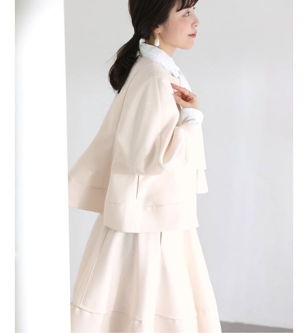  「【洗える】ボンディングショートペプラムジャケット」|ノーカラージャケット|