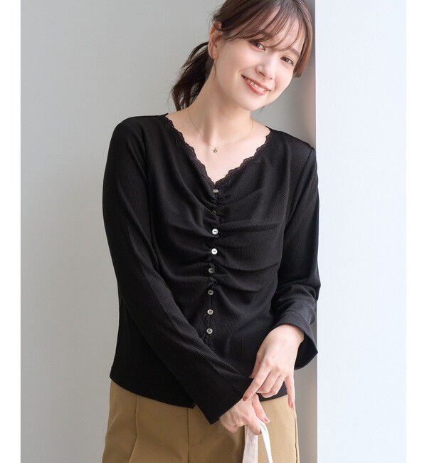 Rope&rsquo;Picnic「フロントギャザーVネックカットトップス」|Tシャツ・カットソー|ブラック(01)