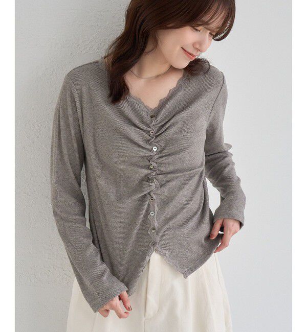 Rope&rsquo;Picnic「フロントギャザーVネックカットトップス」|Tシャツ・カットソー|ライトグレー(08)
