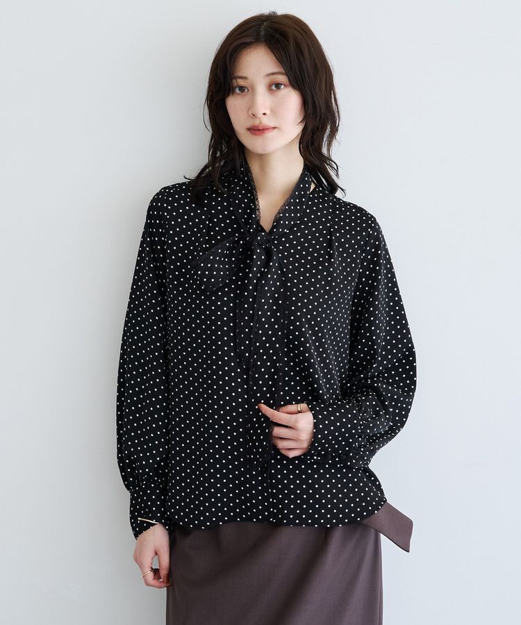 YECCA VECCA「ドット柄レースボウタイ付きVネックブラウス」|シャツ・ブラウス|