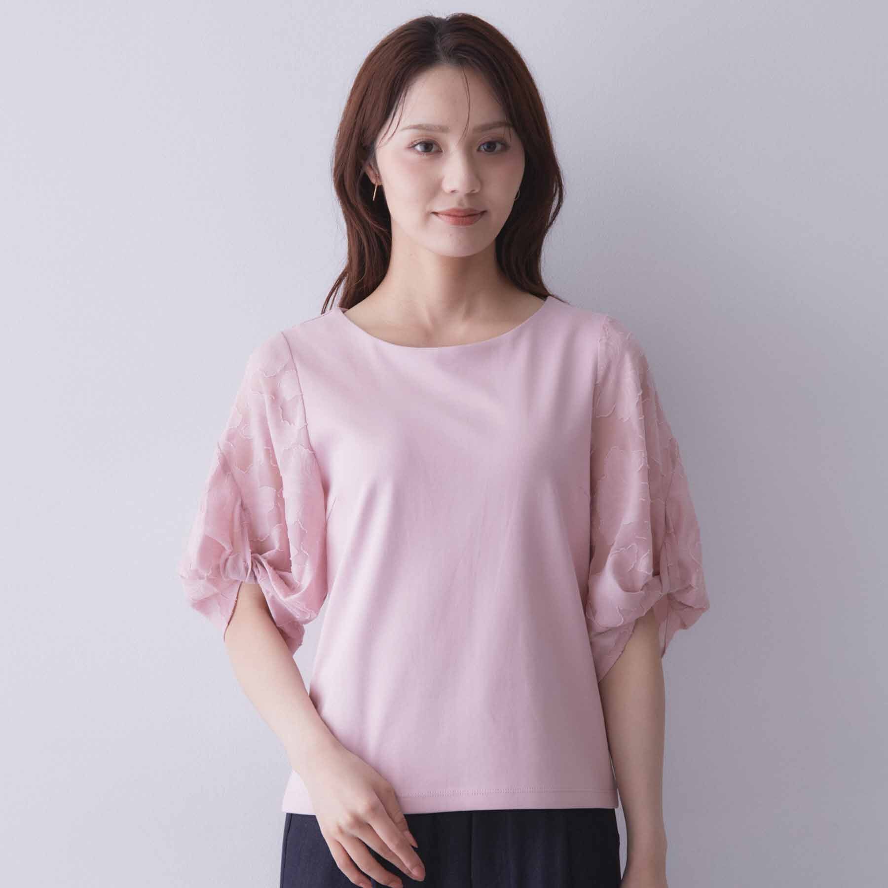 index「花柄ジャカード５分袖トップス《接触冷感／UVケア／洗濯機OK》」|Tシャツ・カットソー|