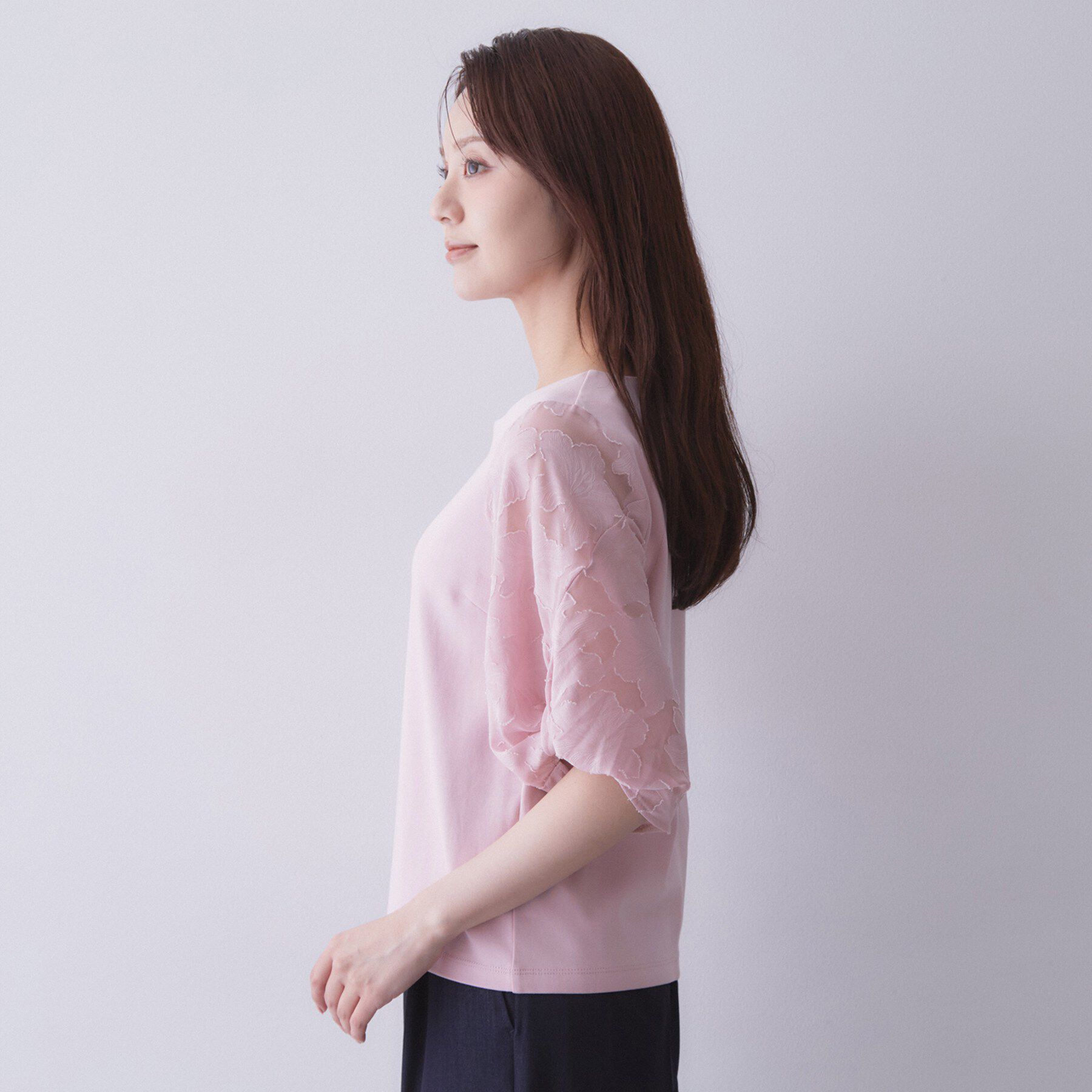 index「花柄ジャカード５分袖トップス《接触冷感／UVケア／洗濯機OK》」|Tシャツ・カットソー|