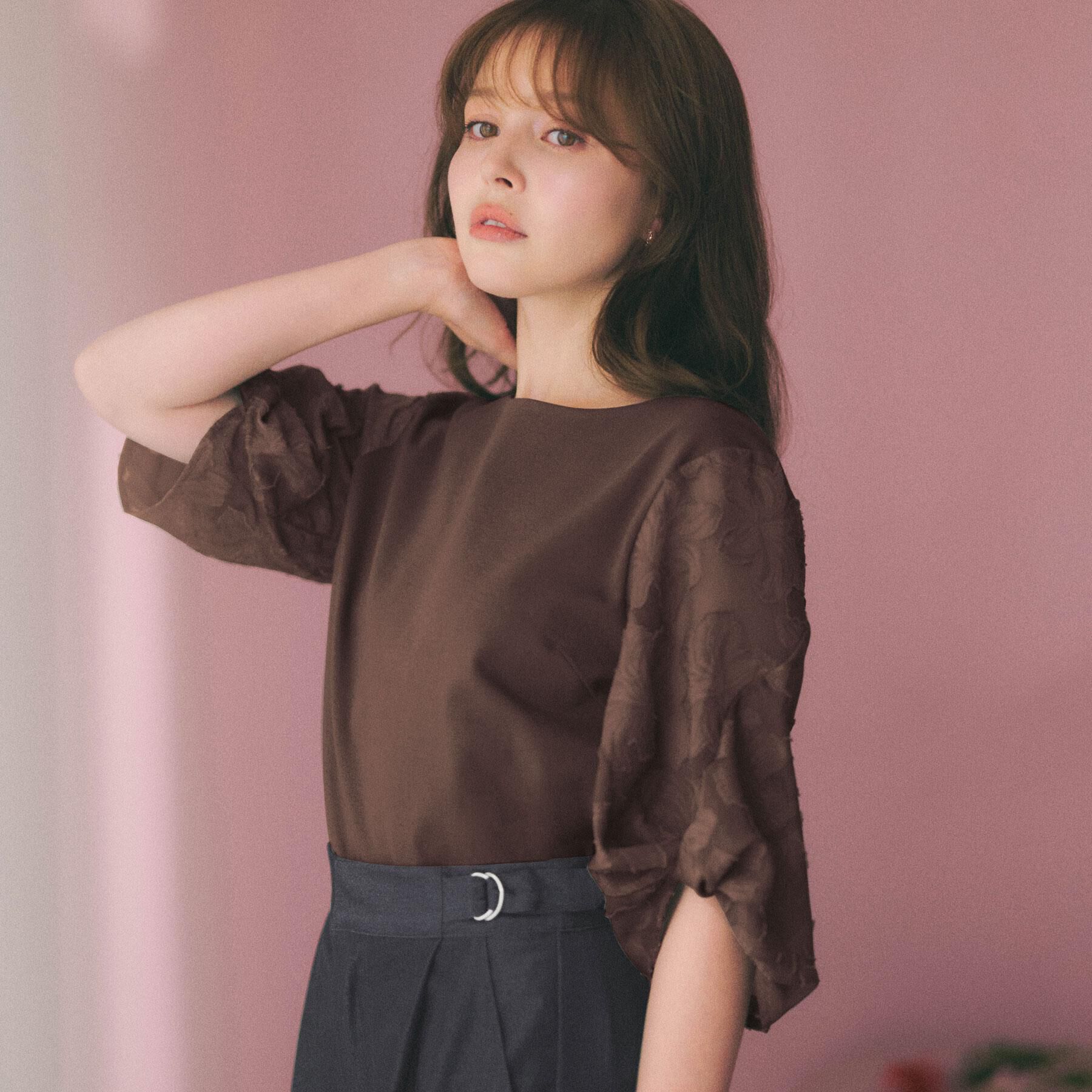 index「花柄ジャカード５分袖トップス《接触冷感／UVケア／洗濯機OK》」|Tシャツ・カットソー|