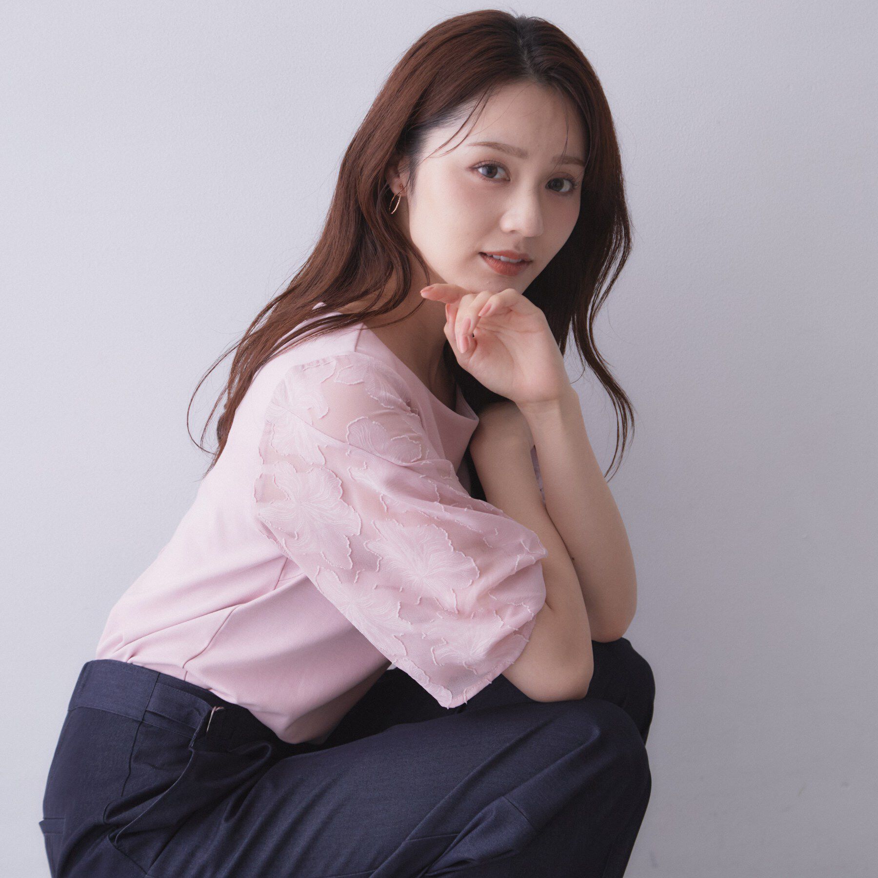 index「花柄ジャカード５分袖トップス《接触冷感／UVケア／洗濯機OK》」|Tシャツ・カットソー|ピンク(071)