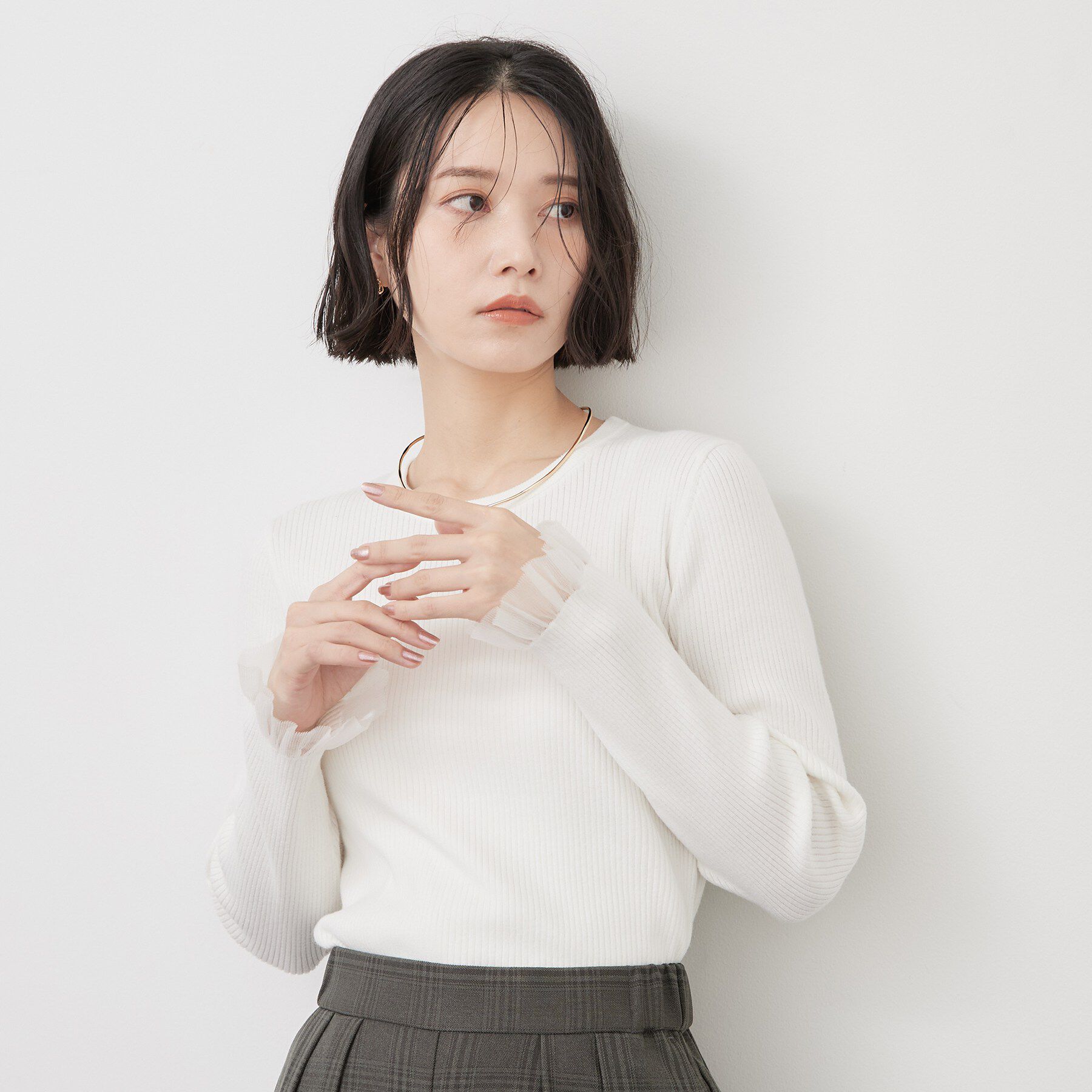 OPAQUE.CLIP「袖口シアーフリルニット【洗濯機OK】」|ニット・セーター|オフホワイト(003