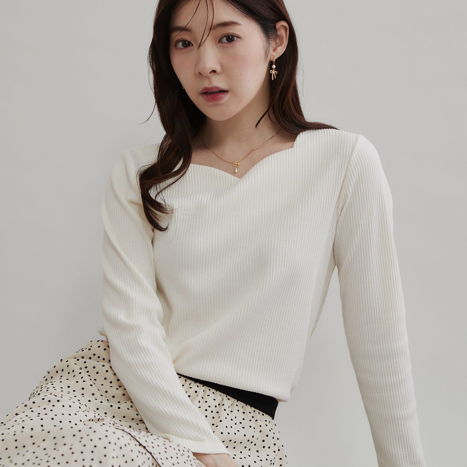 Couture broach「【デコルテ美しく】ハートネック テレコトップス」|Tシャツ・カットソー|オフホワイト(003