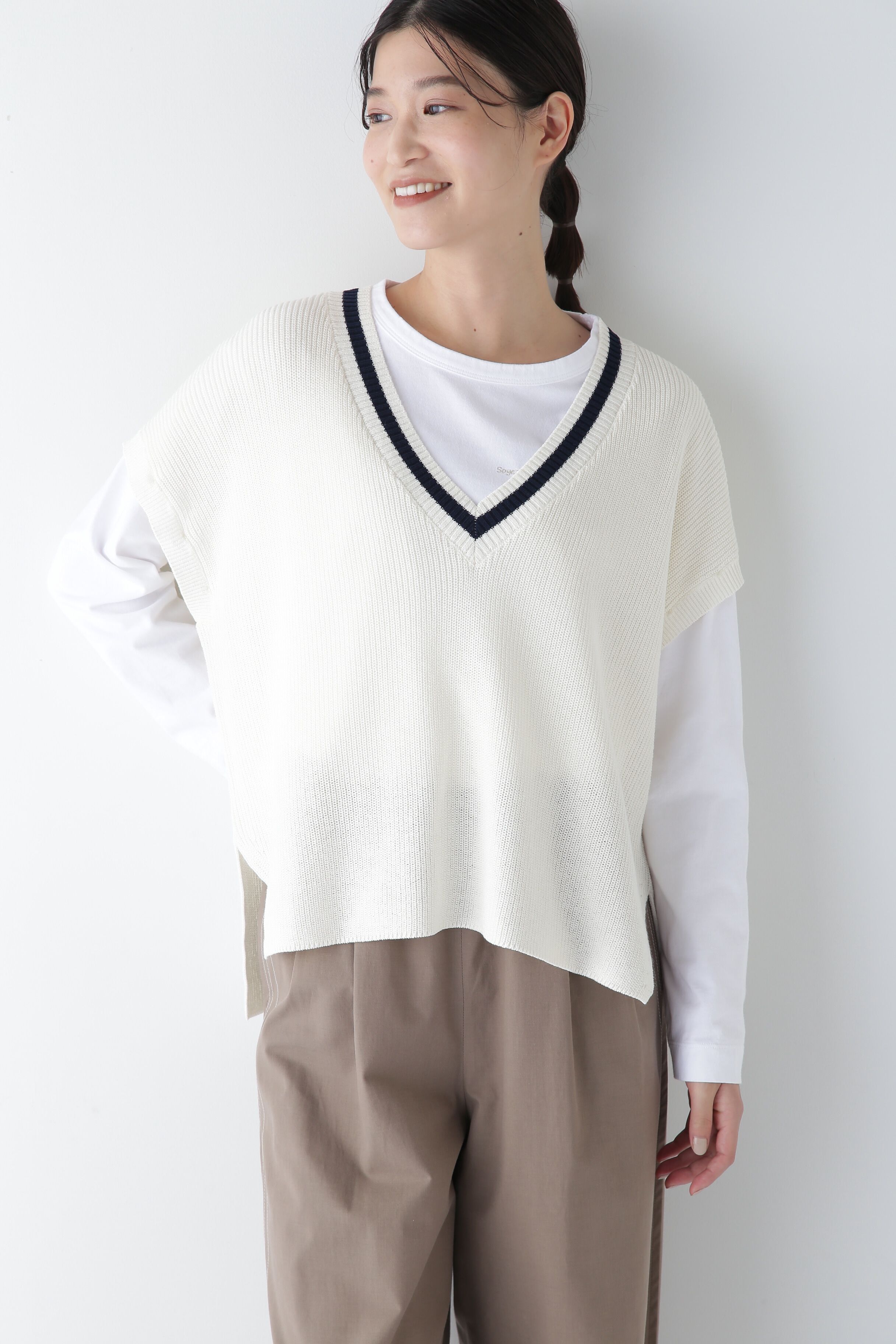  「◆≪ウォッシャブル≫ 2WAYライン入Ｖネックプルオーバー」|ニット・セーター|