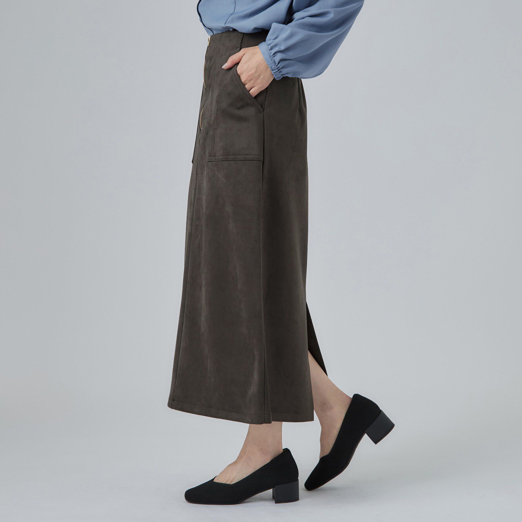 SHOO･LA･RUE「【ストレッチ/S-LL/洗濯機可】フロントジップがポイント スウェード調ナロースカート」|スカート|