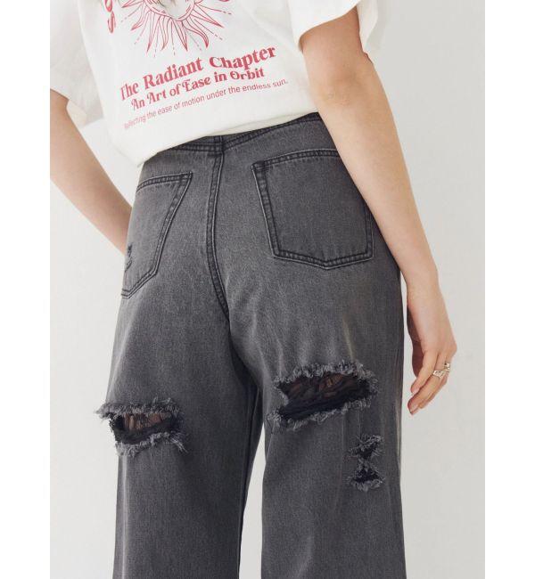 EVRIS「BACKスラッシュレースワイドデニムパンツ」|デニム|ブラック