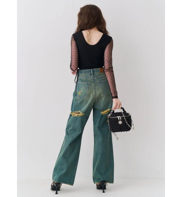 EVRIS「BACKスラッシュレースワイドデニムパンツ」|デニム|