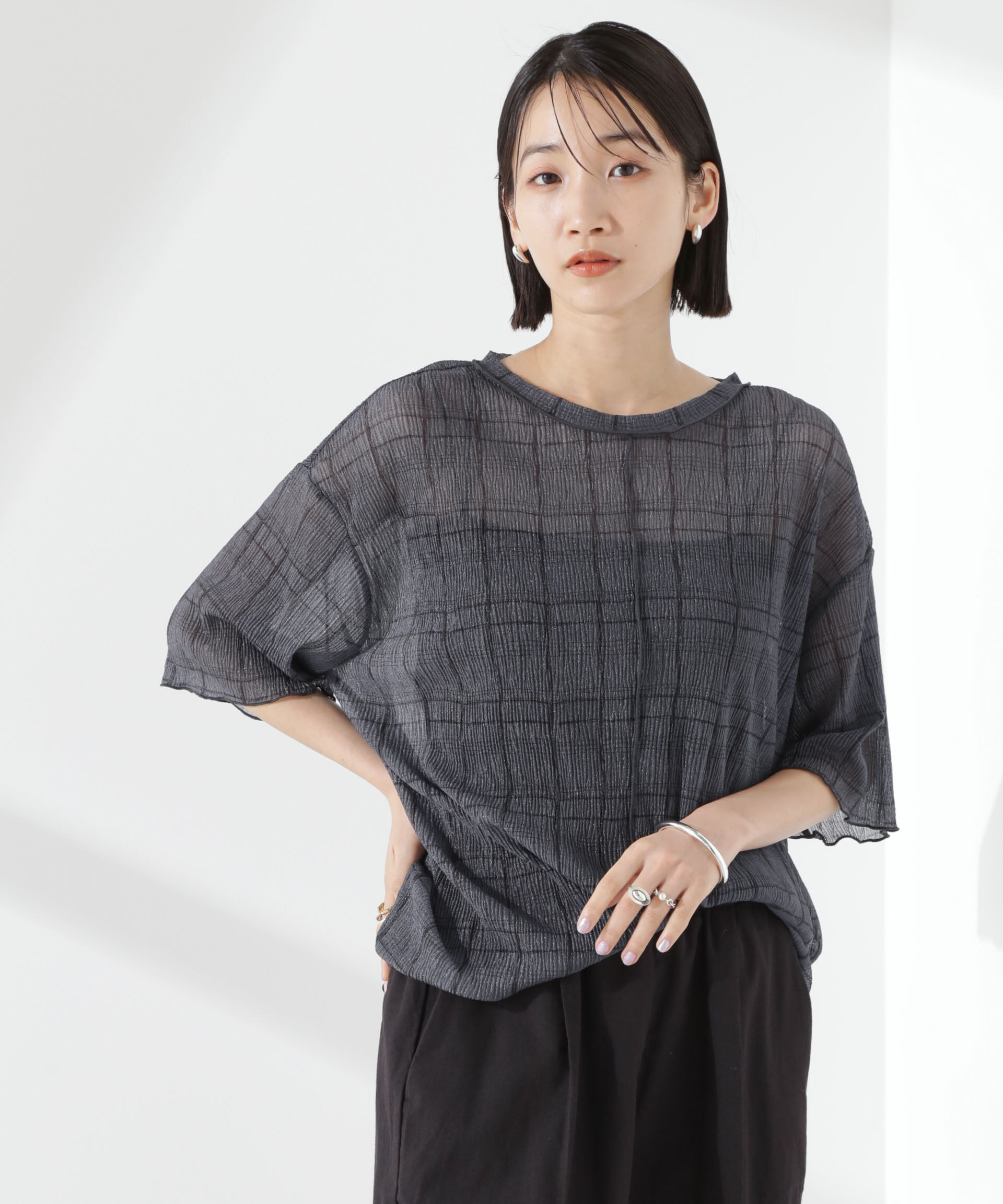 NANO universe「楊柳チェックシアーカットTシャツ」|Tシャツ・カットソー|ブラック
