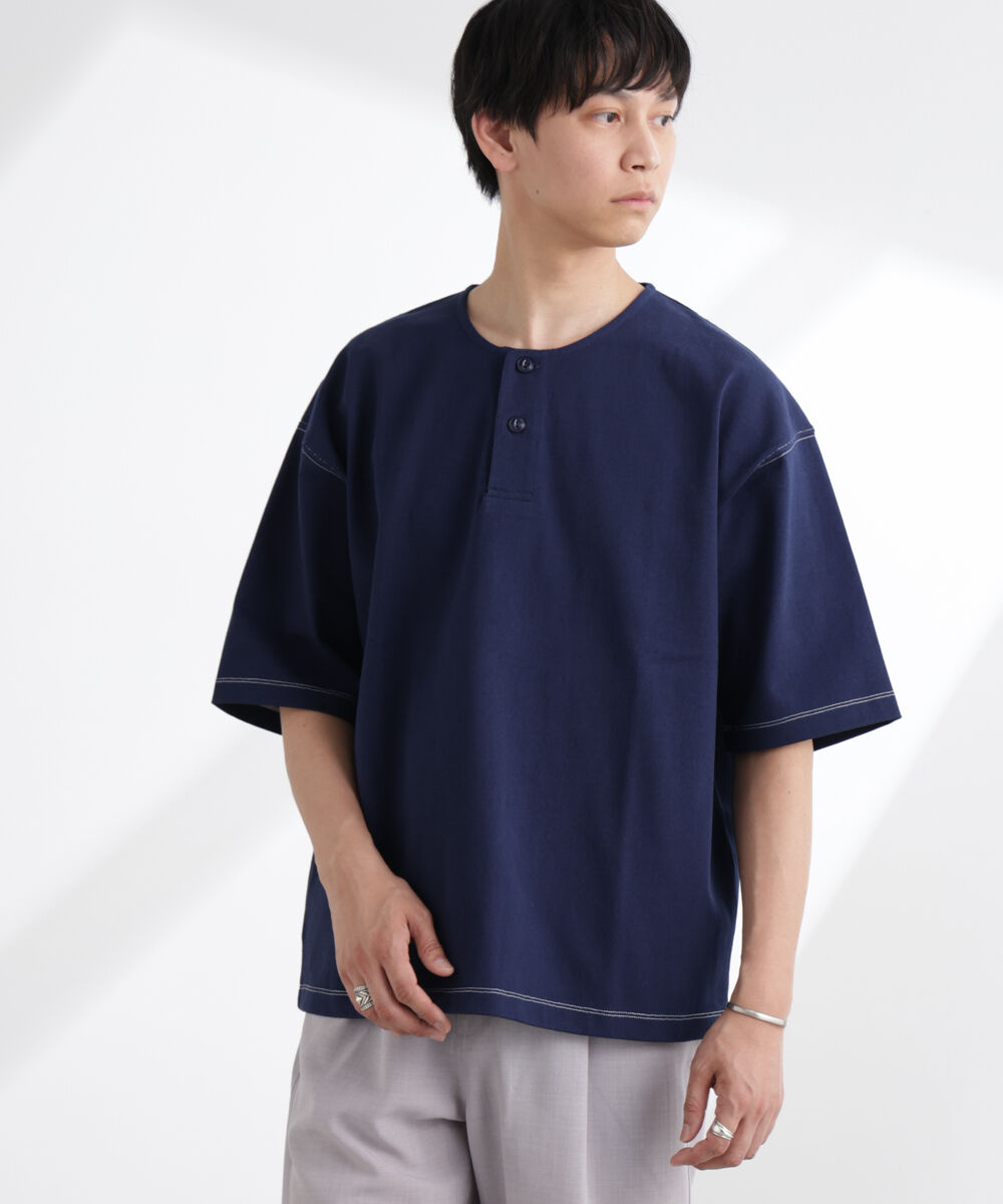 nano･universe「ヘビーオンスワイドヘンリーネックTシャツ 半袖」|Tシャツ・カットソー|ネイビー