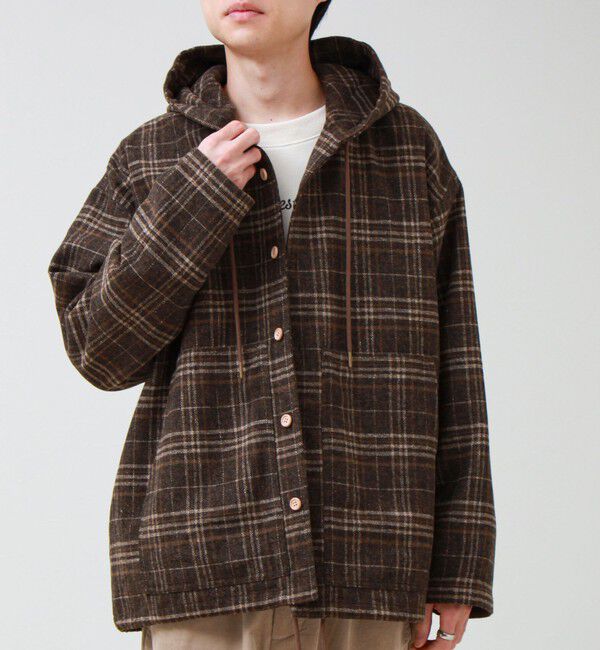 GLOSTER「T/C起毛 チェックフーデッドシャツブルゾン」|シャツ・ブラウス|ブラウン系その他