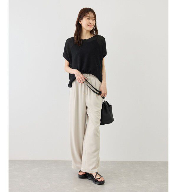 Rope&rsquo;Picnic「【体型カバー】二の腕すっきり見えプチスパンコールフレンチスリーブメッシュニット」|ニット・セーター|