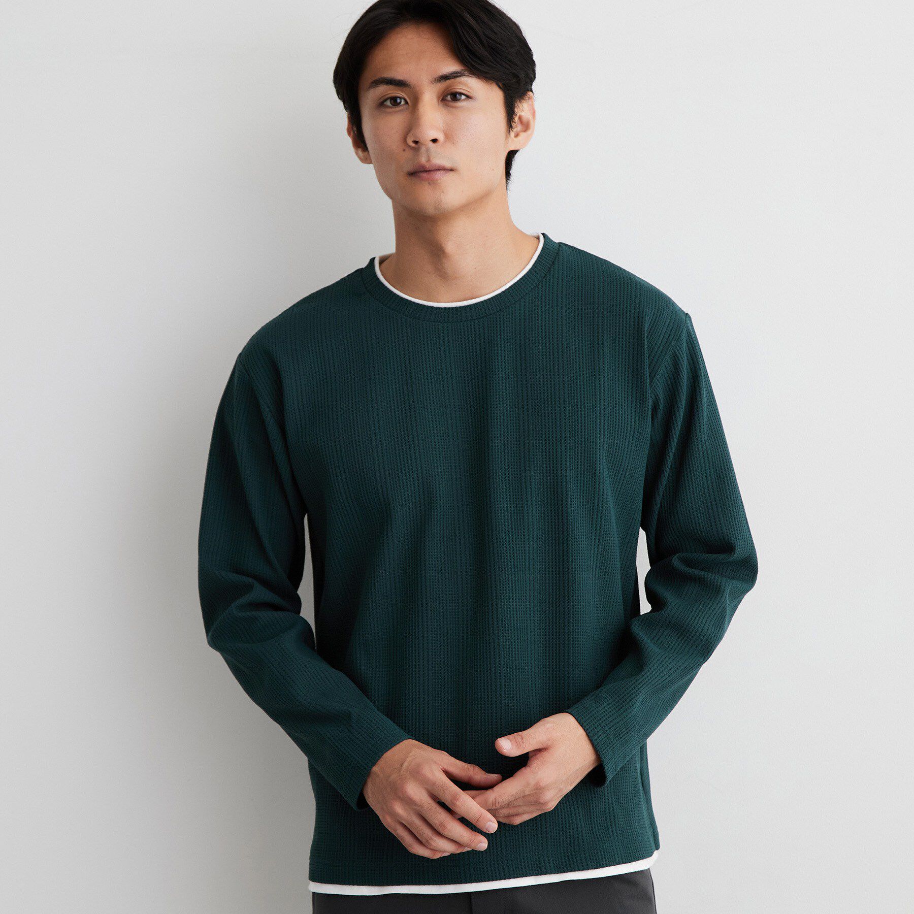 THE SHOP TK「【洗濯機OK】ワッフル レイヤード 長袖Tシャツ」|Tシャツ・カットソー|グリーン(024)