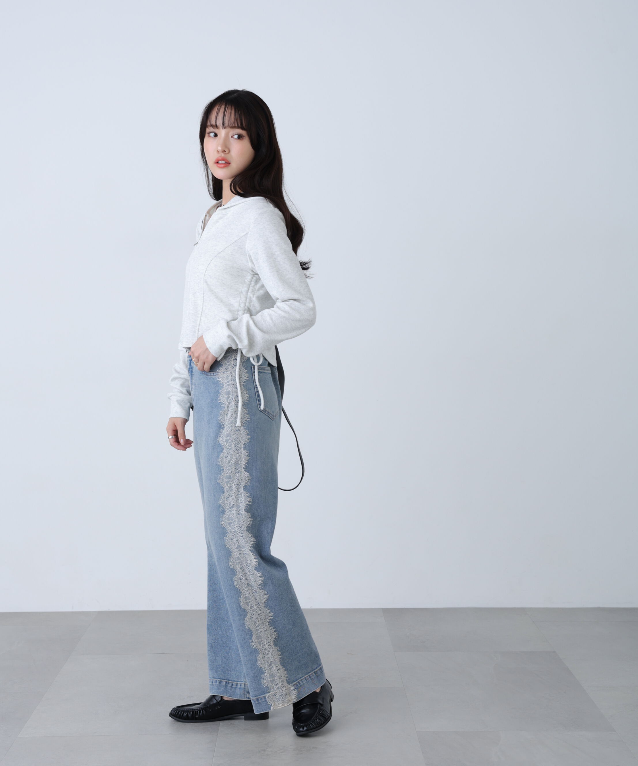 「[低身長サイズ/Sシリーズ]ベーシックワイドサイドレースデニムパンツ」|その他|