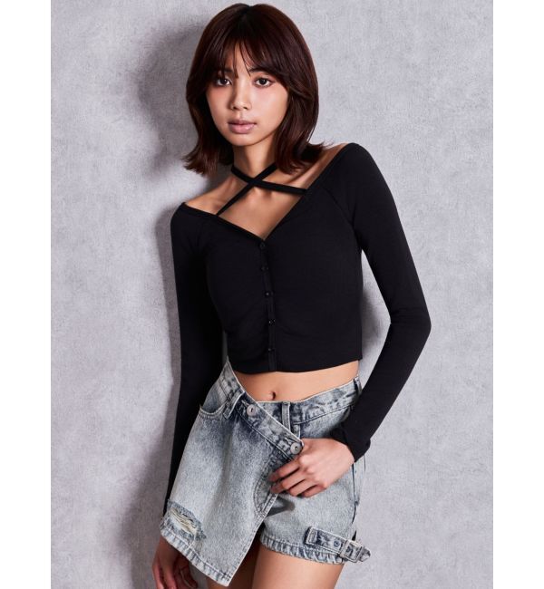 GYDA「フロントギャザーホルターオフショルトップス」|Tシャツ・カットソー|