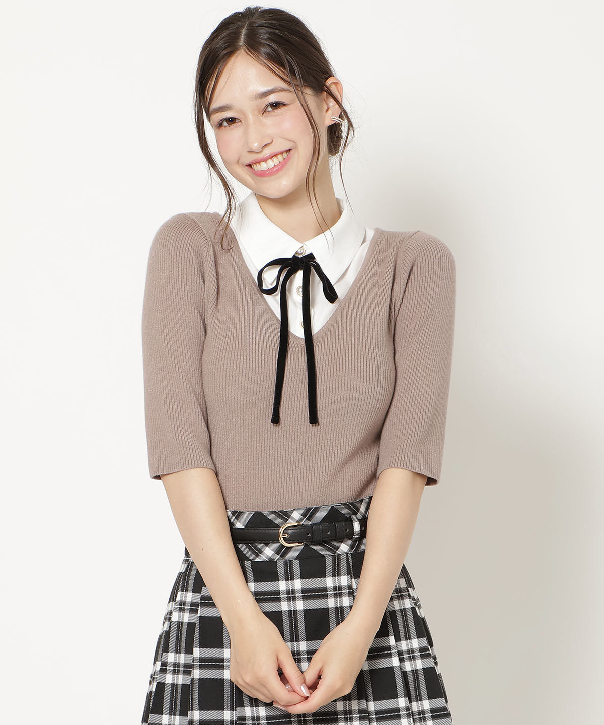 WILLSELECTION「シャツドッキングリブニット」|ニット・セーター|茶系幾何､ﾊﾟﾈﾙ柄