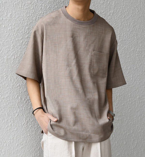 SHIPS any「SHIPS any:〈UVカット〉FUTURE LINEN CANVAS リネンライク デザイン リブ ポケット Tシャツ◇」|Tシャツ・カットソー|ブラウン