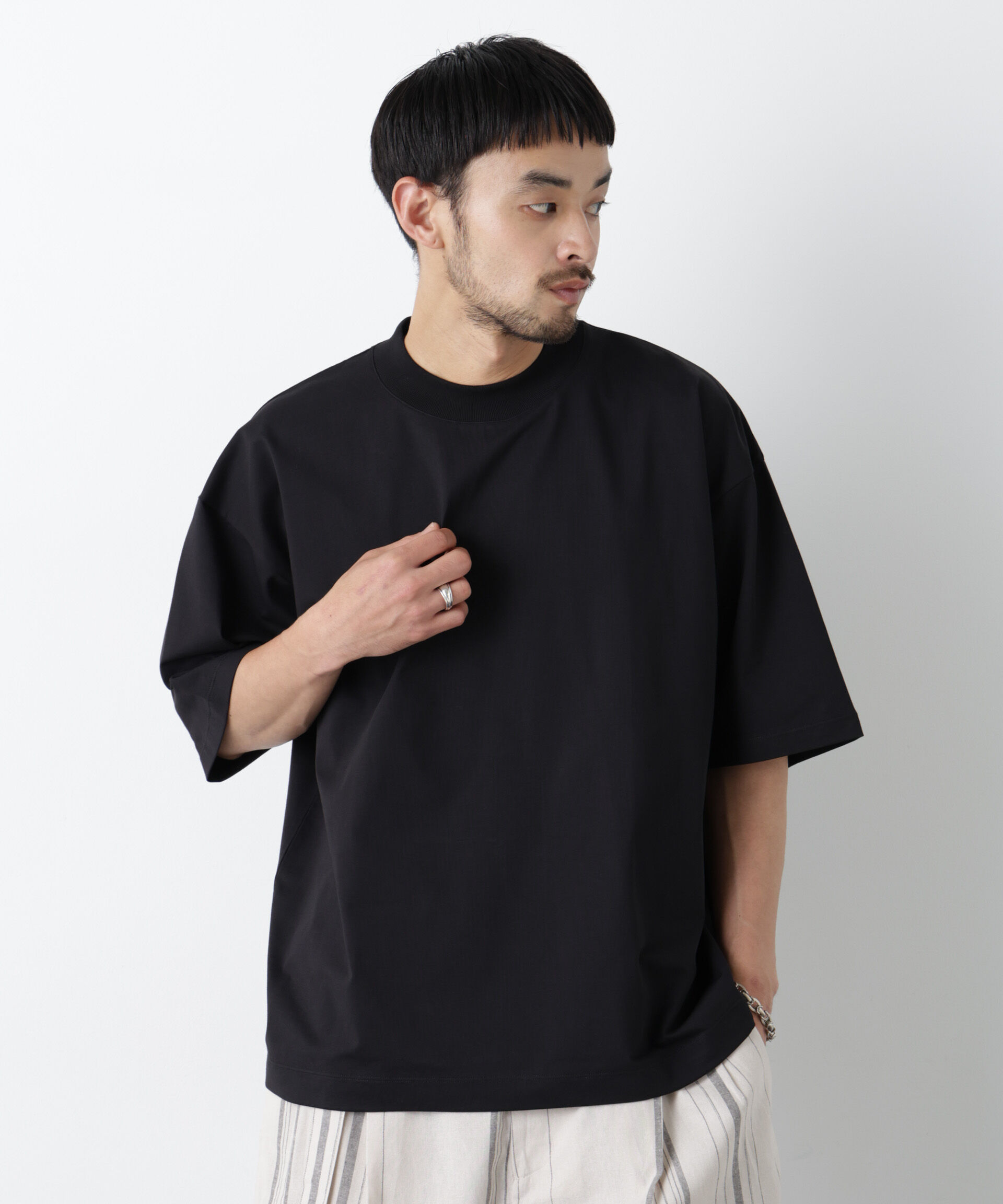 NANO universe「「モダンコンフォート」ハイゲージシルケットワイドモックネック」|Tシャツ・カットソー|ブラック