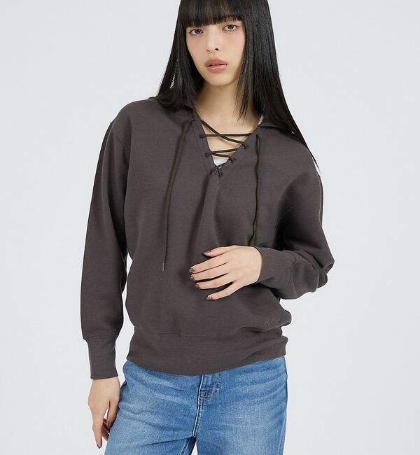 Rouge vif「【Healthknit/ヘルスニット】クラシックスウェット レースアップカラー長」|スウェット・ジャージ|ブラック