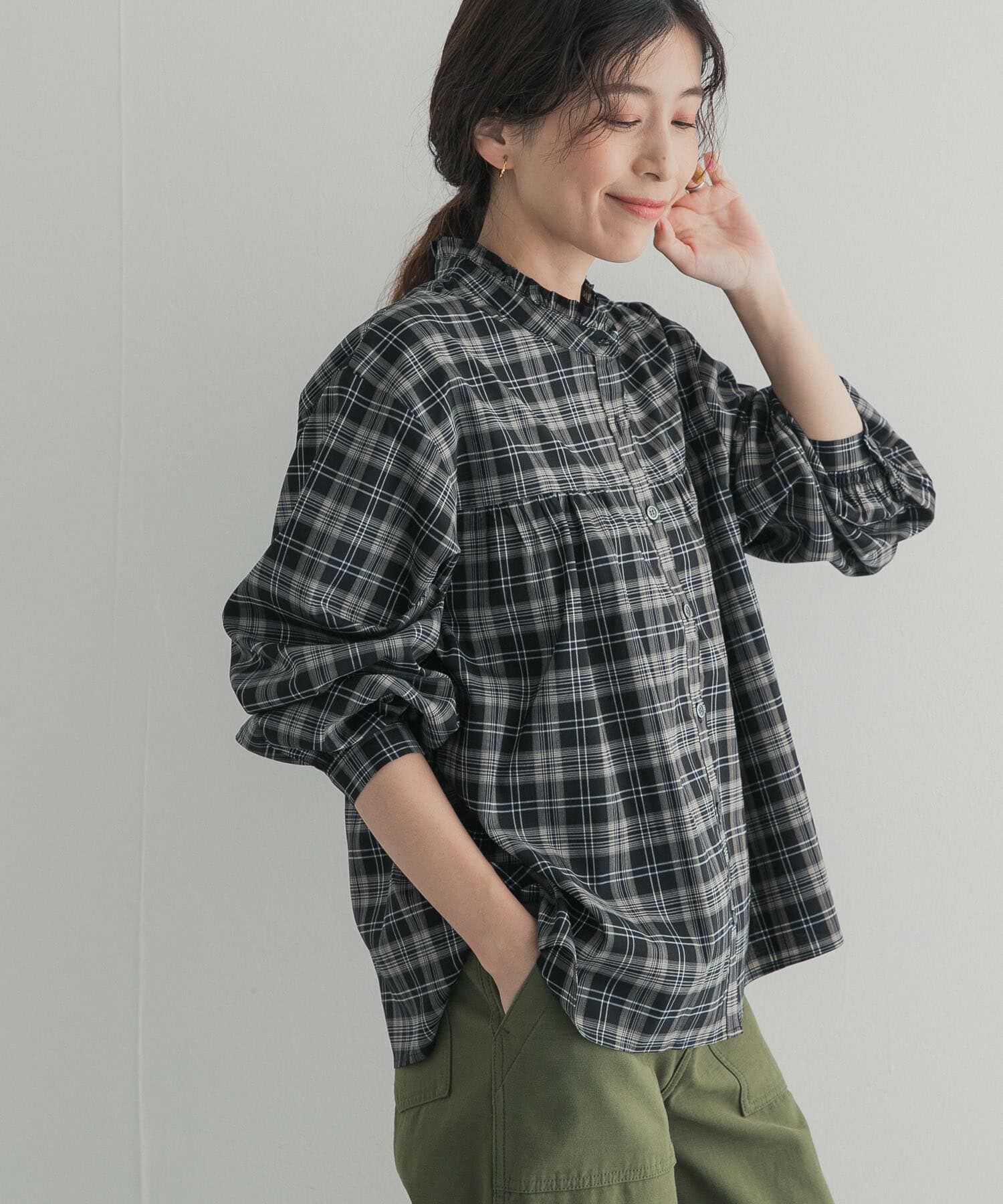 URBAN RESEARCH DOORS「フリルネックチェックブラウス 26AW」|シャツ・ブラウス|