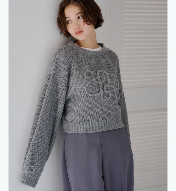 titivate「透かし編み刺繍クロップドプルオーバー」|ニット・セーター|グレー