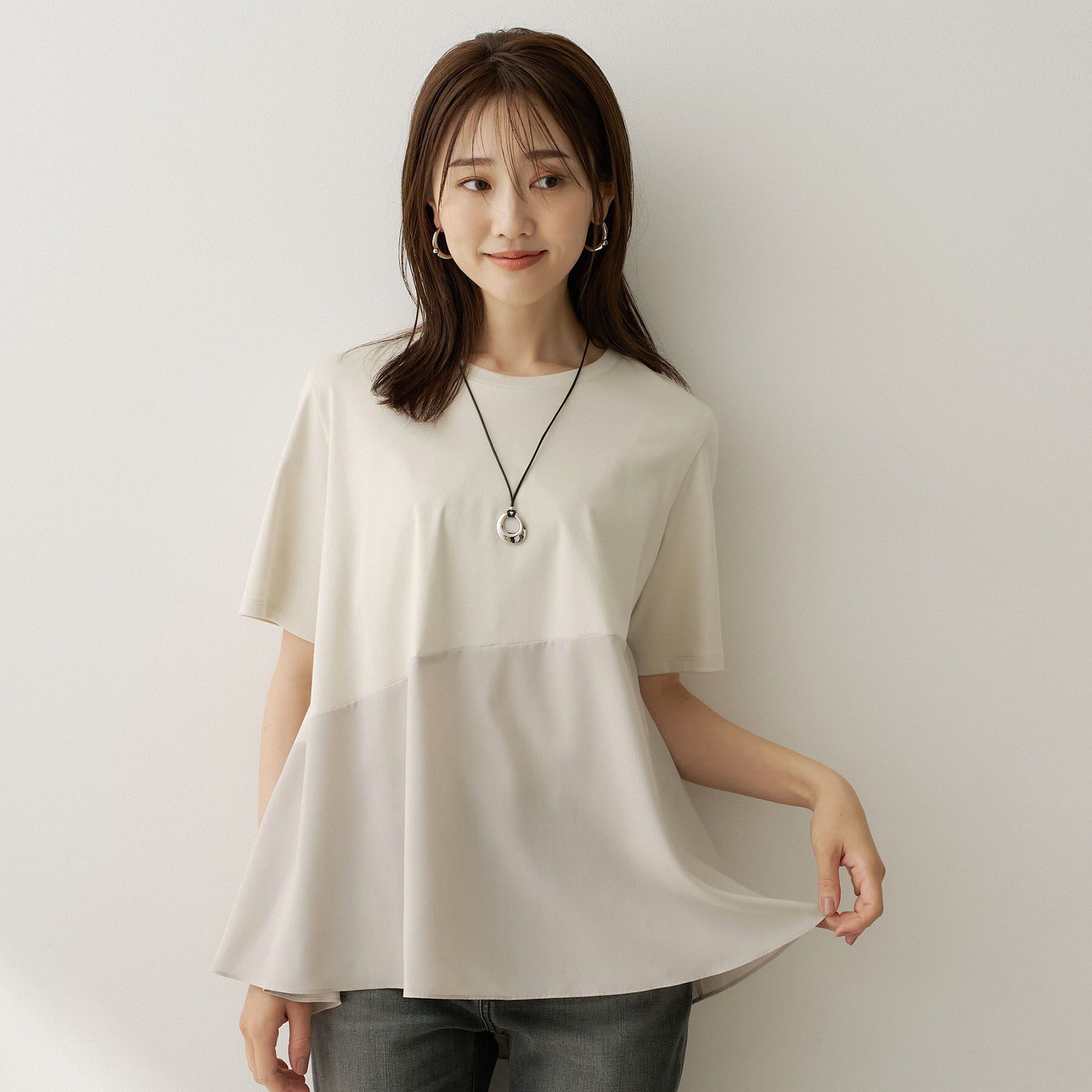 UNTITLED「【Tシャツ】異素材ドッキングプルオーバー」|Tシャツ・カットソー|グレージュ(050)