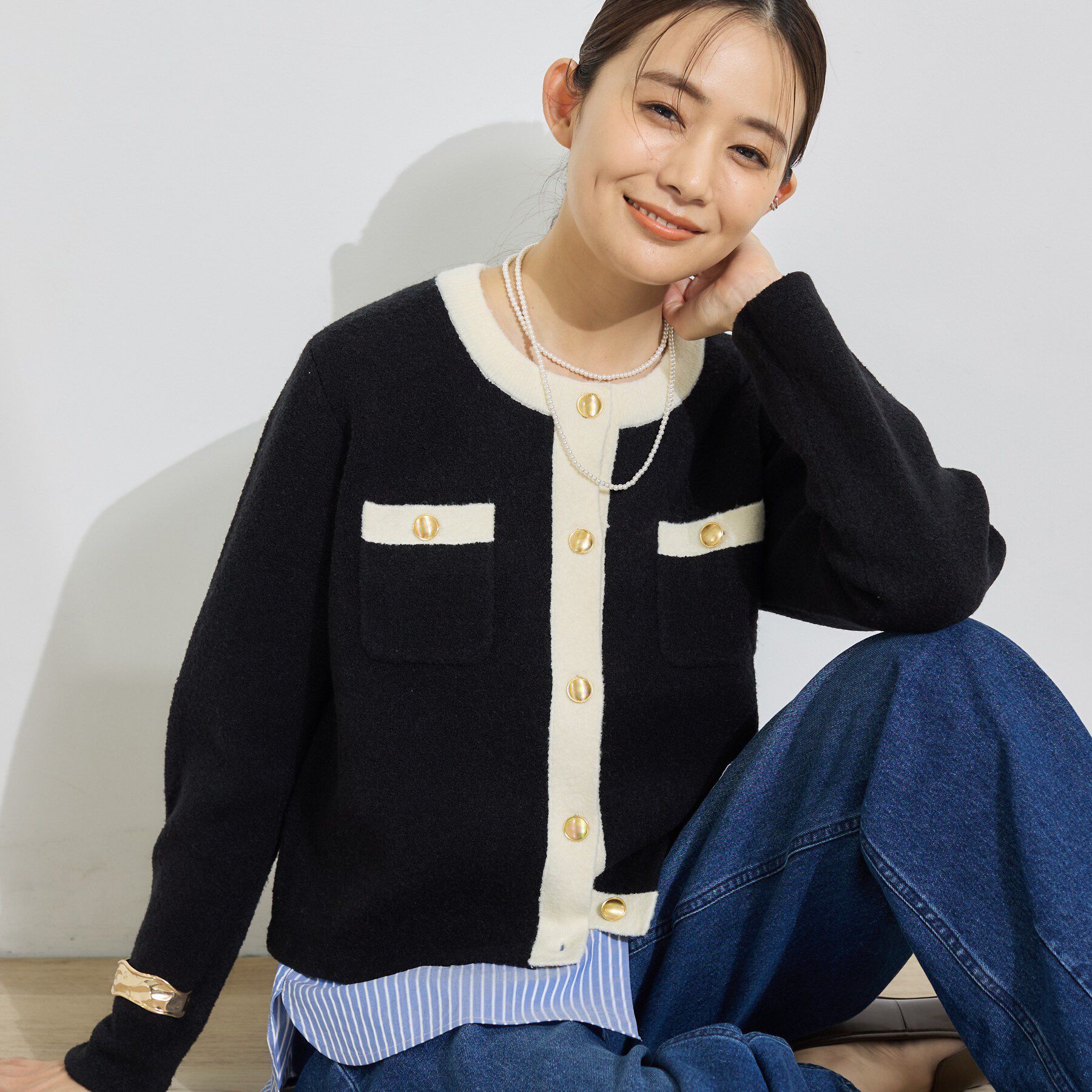 INDIVI「【軽やか】ブークレニットジャケット」|カーディガン|ブラック(519)