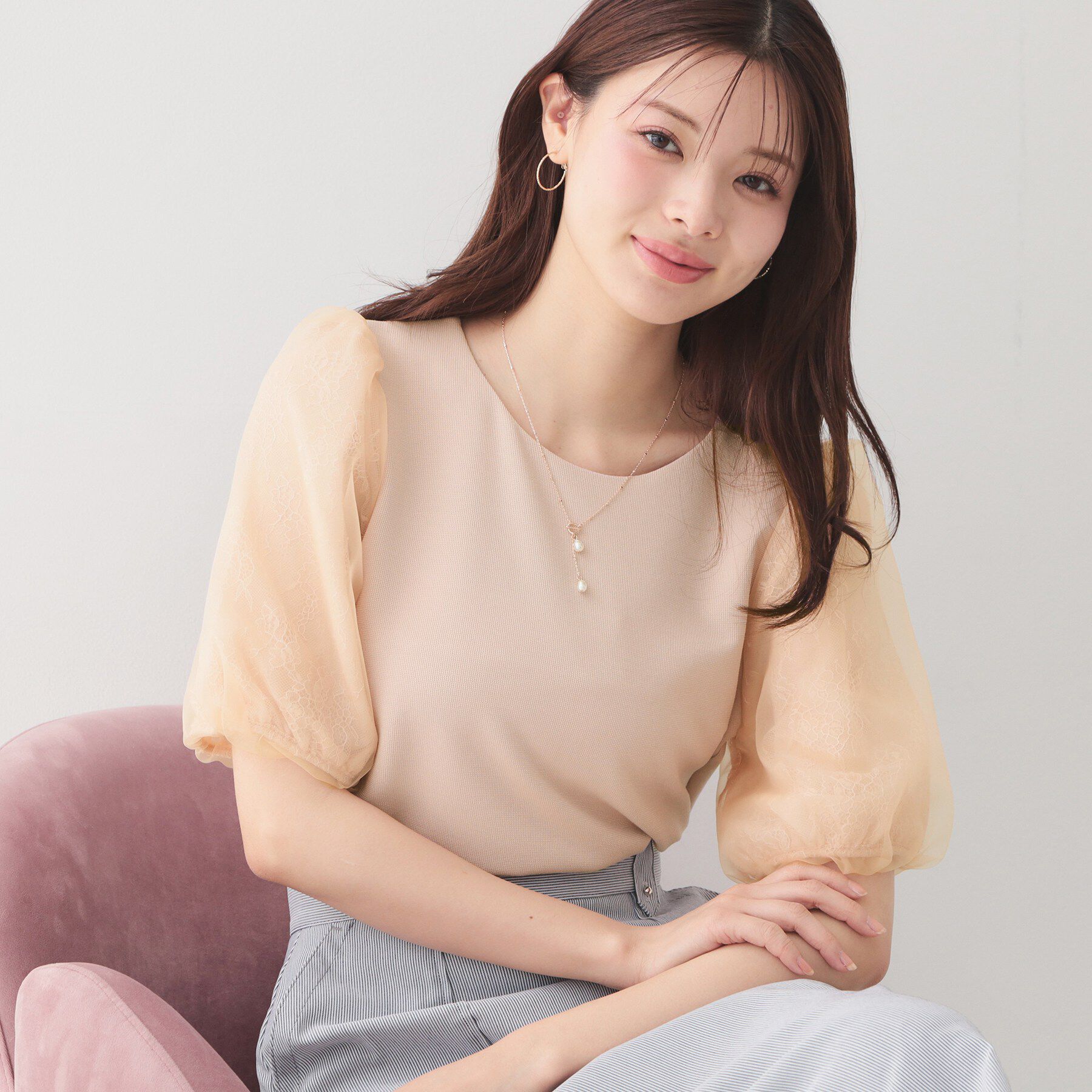 index「【接触冷感／UVケア】シアーバルーンスリーブトップス《洗濯機OK》」|Tシャツ・カットソー|ピンクベージュ(05