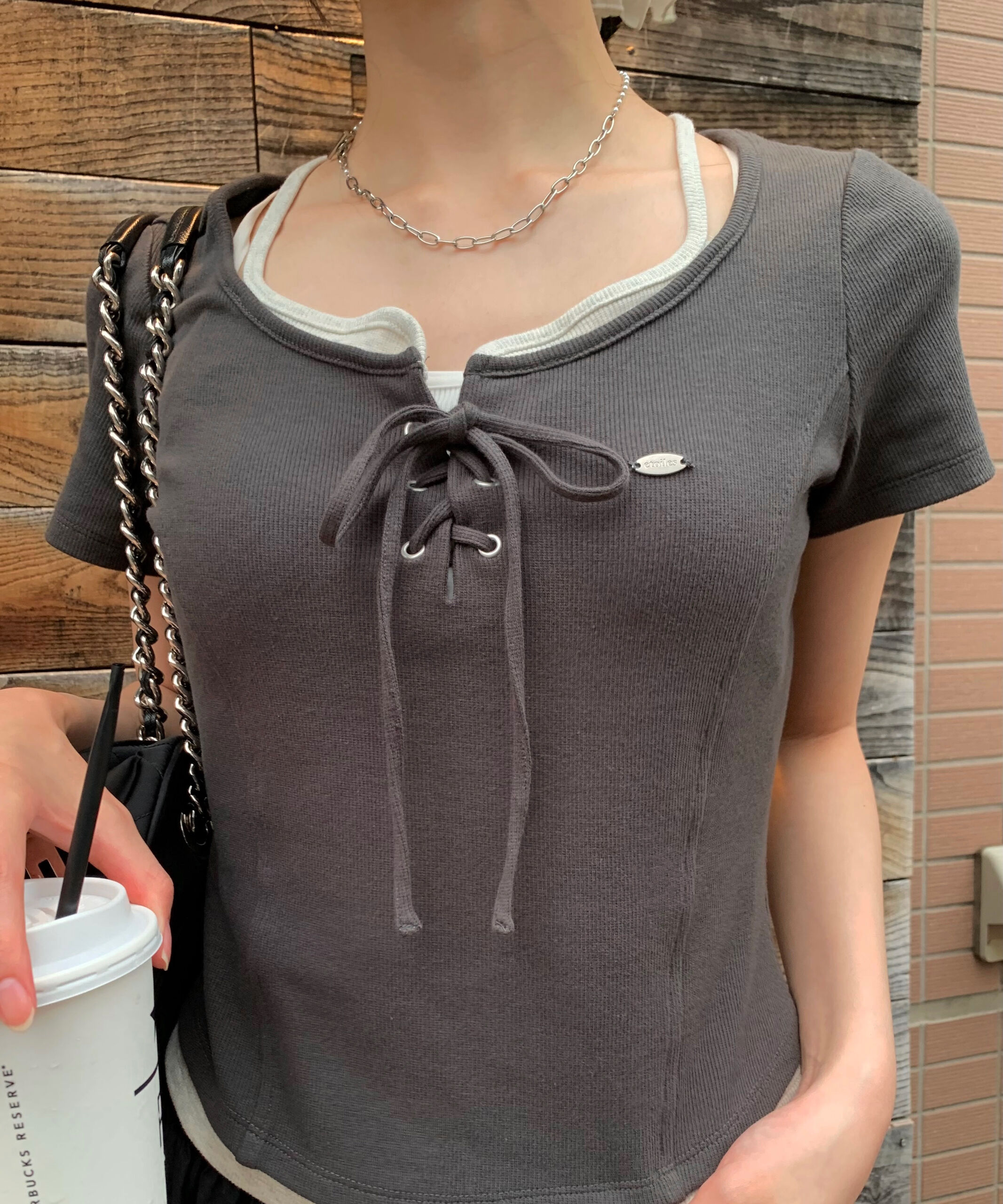  「レースアップレイヤード風半袖カットソー」|Tシャツ・カットソー|