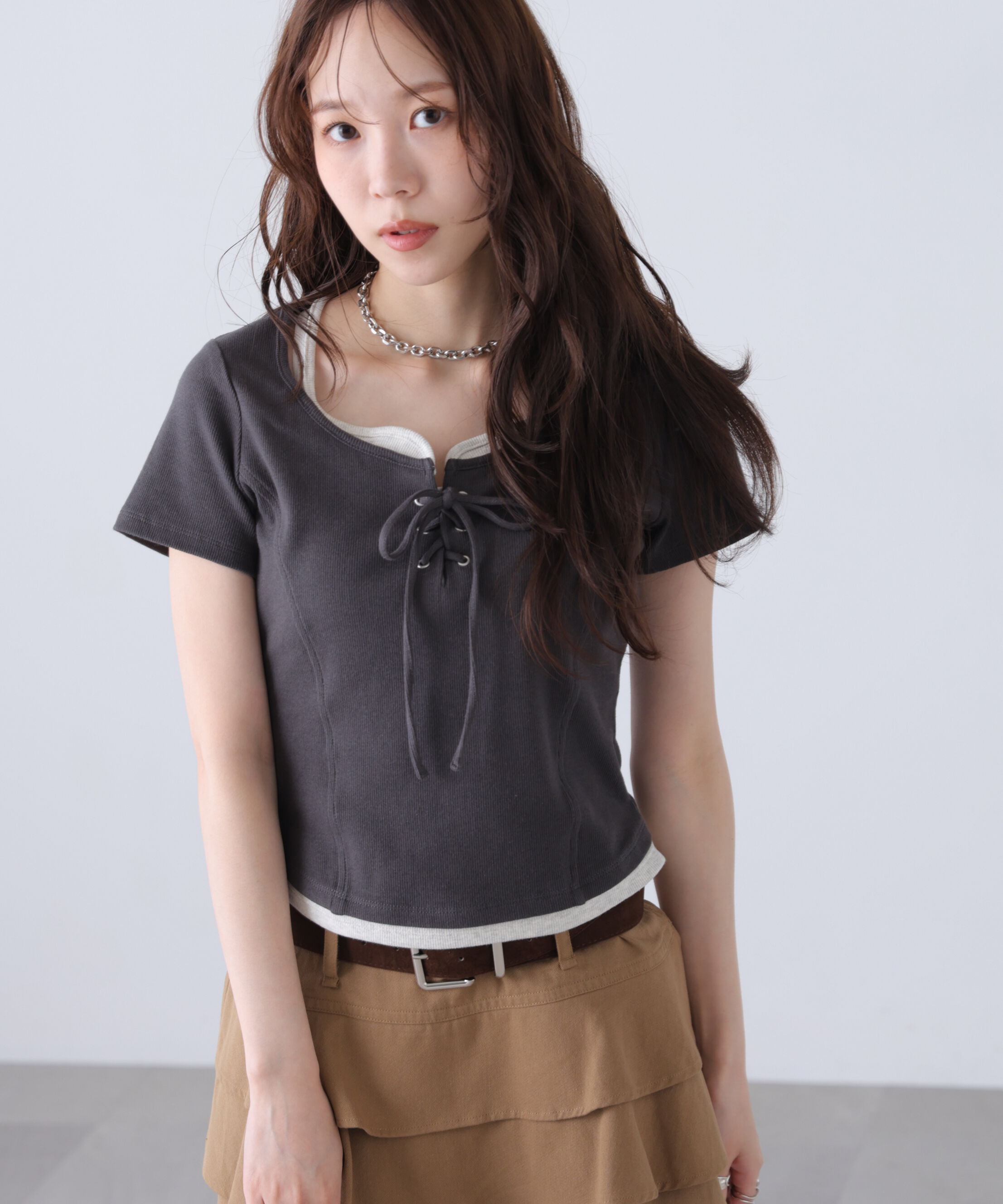  「レースアップレイヤード風半袖カットソー」|Tシャツ・カットソー|