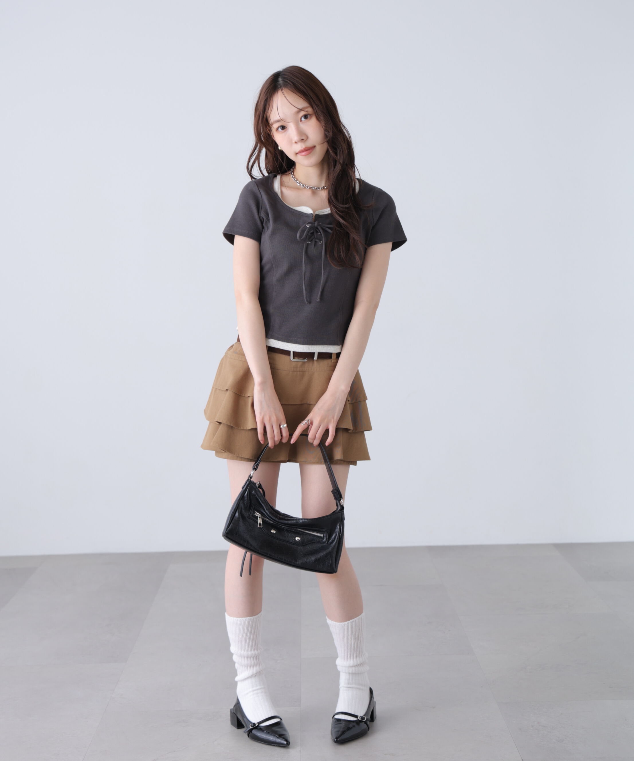  「レースアップレイヤード風半袖カットソー」|Tシャツ・カットソー|