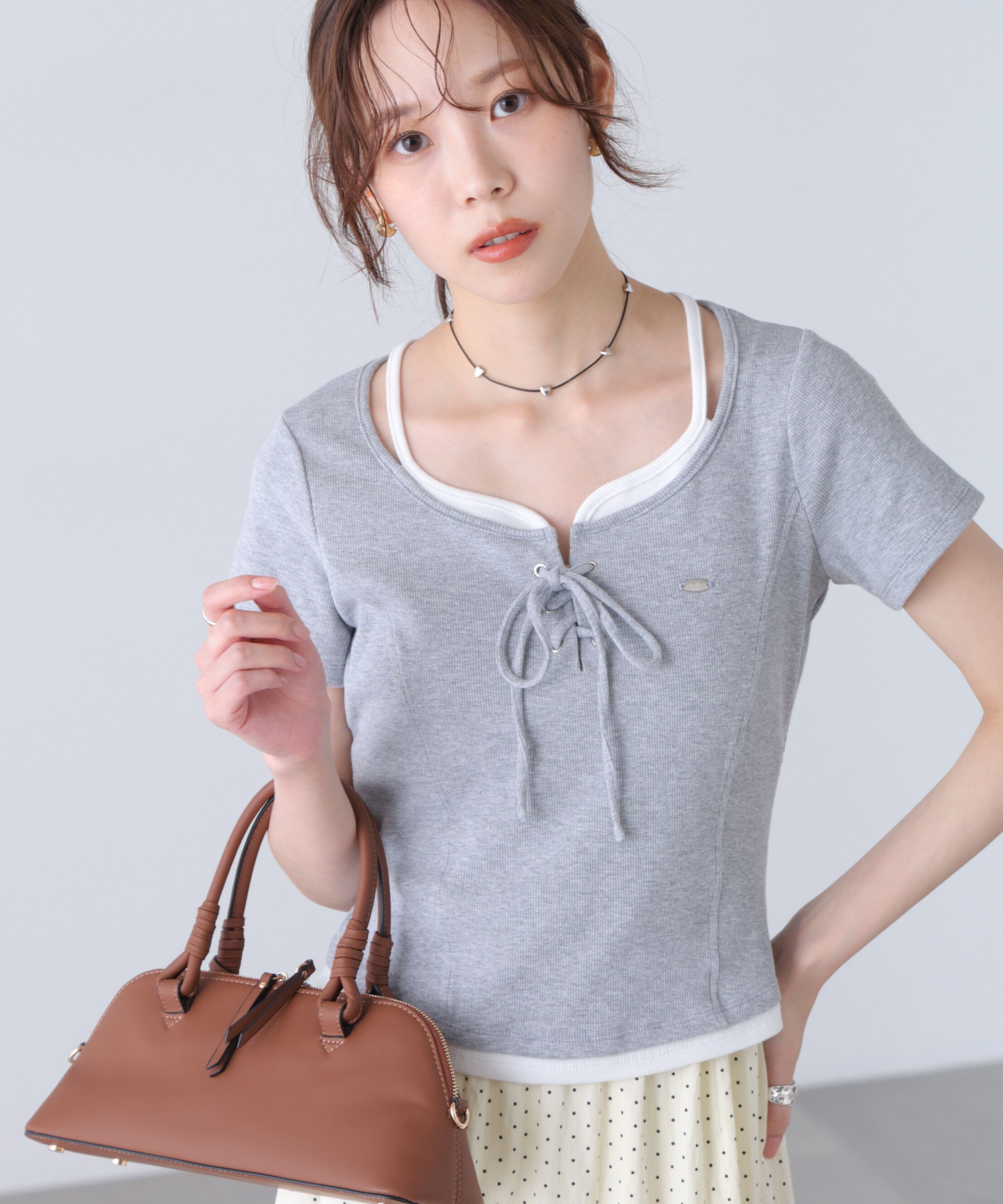  「レースアップレイヤード風半袖カットソー」|Tシャツ・カットソー|グレー